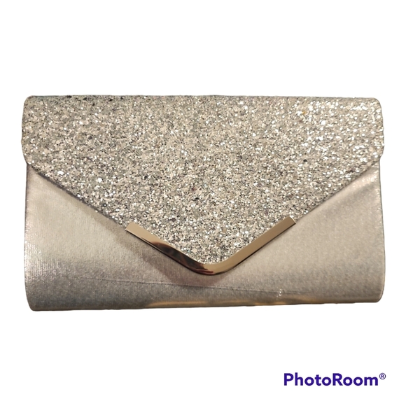 Metallic Evening Clutch Purse with Crossbody Chain Silver Sparkle NWT - Picture 5 of 7